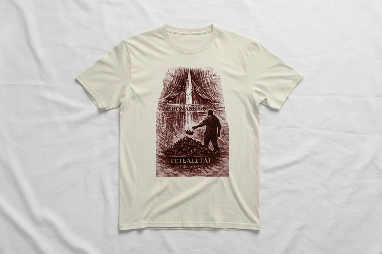 Cream T-Shirt Mockup - Romans 5:8