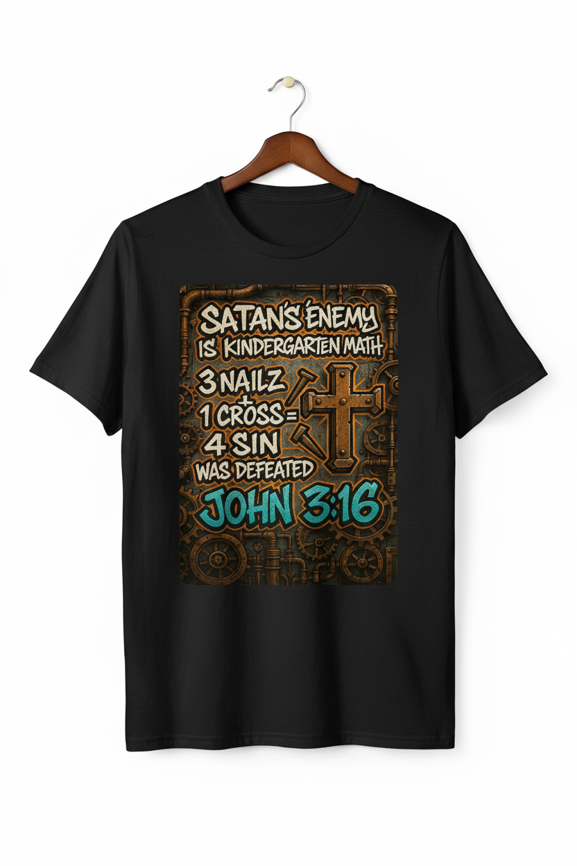 Satan's Enemy Is Kindergarten Math Tee mockup on black shirt