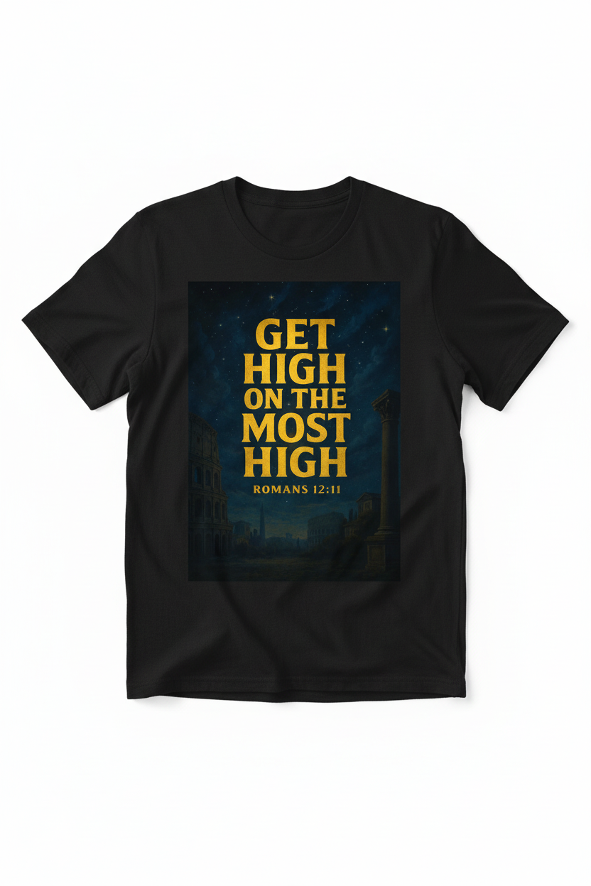 Get High On The Most High Tee mockup on black shirt
